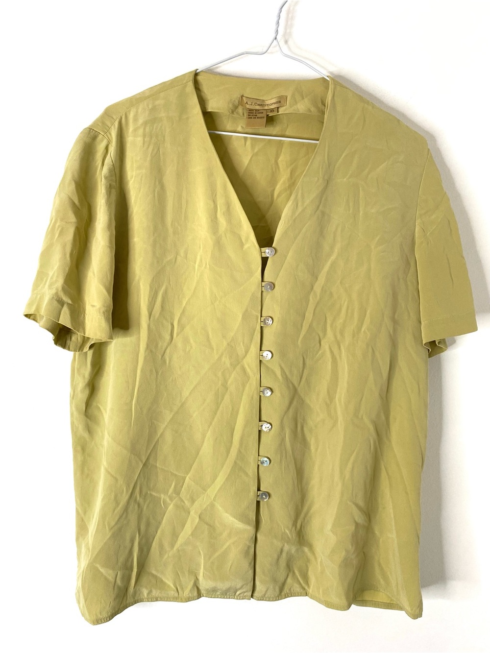 Vintage A.J. Christopher 100% Silk Chartreuse Button Front Blouse